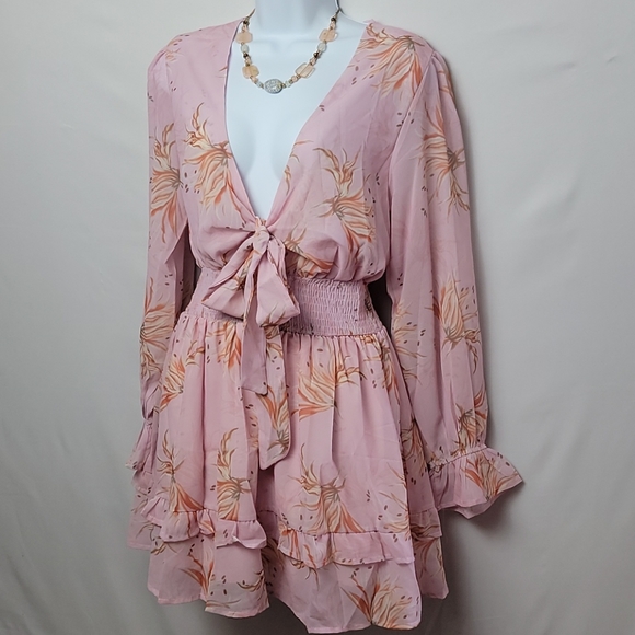 Women V Neck Chiffon  Print Dress Self tie Knot Front Ruffles Leopord  Dress - Picture 2 of 7